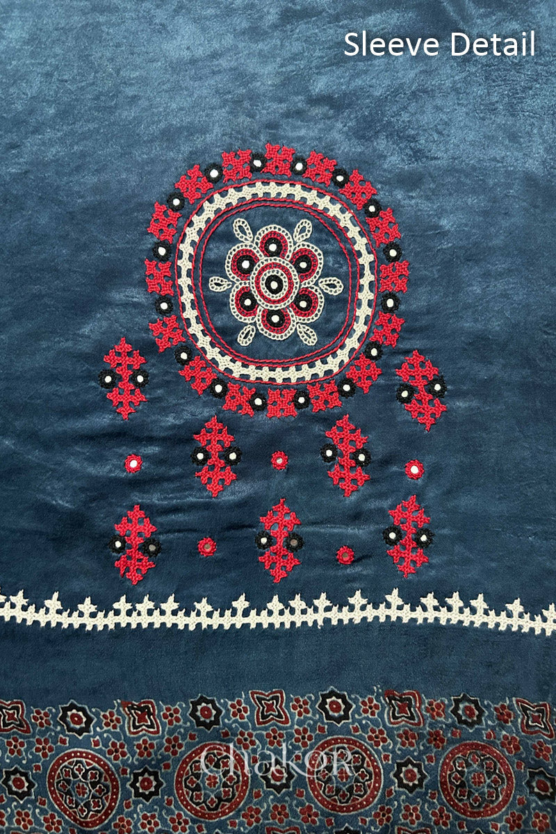 Natural dyed indigo Ajrakh printed Mashru silk-cotton blouse material with  Traditional Kutch hand embroidery and mirror work for sleeves.