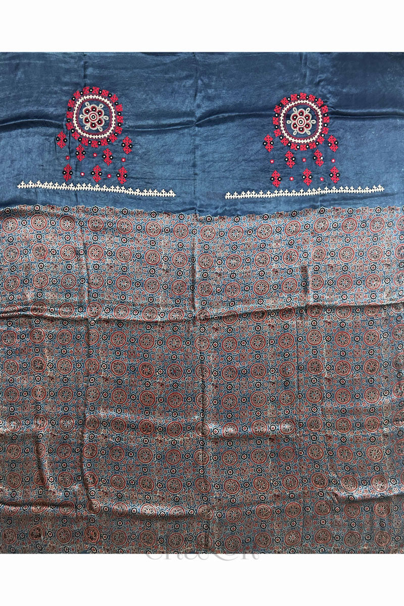 Natural dyed indigo Ajrakh printed Mashru silk-cotton blouse material with  Traditional Kutch hand embroidery and mirror work for sleeves.