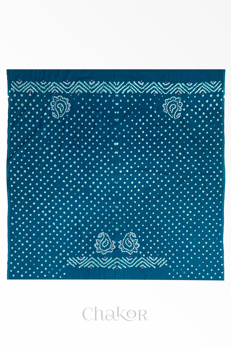 Full 1-metre layout Turquoise Kutch Bandhani cotton blouse fabric showing traditional hand tie-dye pattern.
