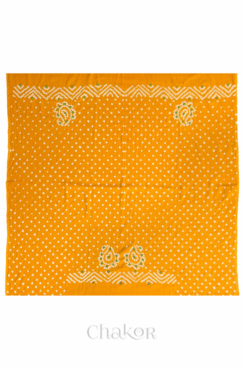 Full 1-metre layout Yellow Kutch Bandhani cotton blouse fabric showing traditional hand tie-dye pattern.

