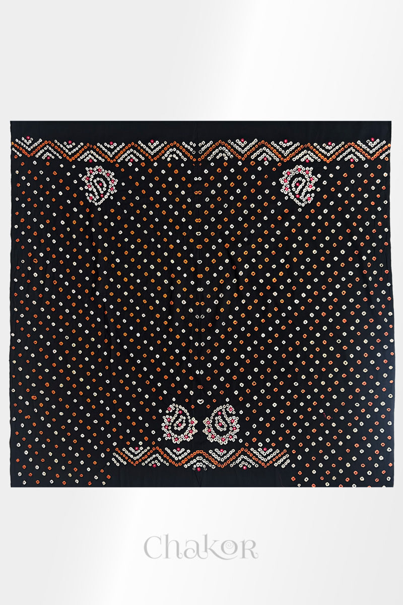 Full 1-metre layout Black Kutch Bandhani cotton blouse fabric showing traditional hand tie-dye pattern.
