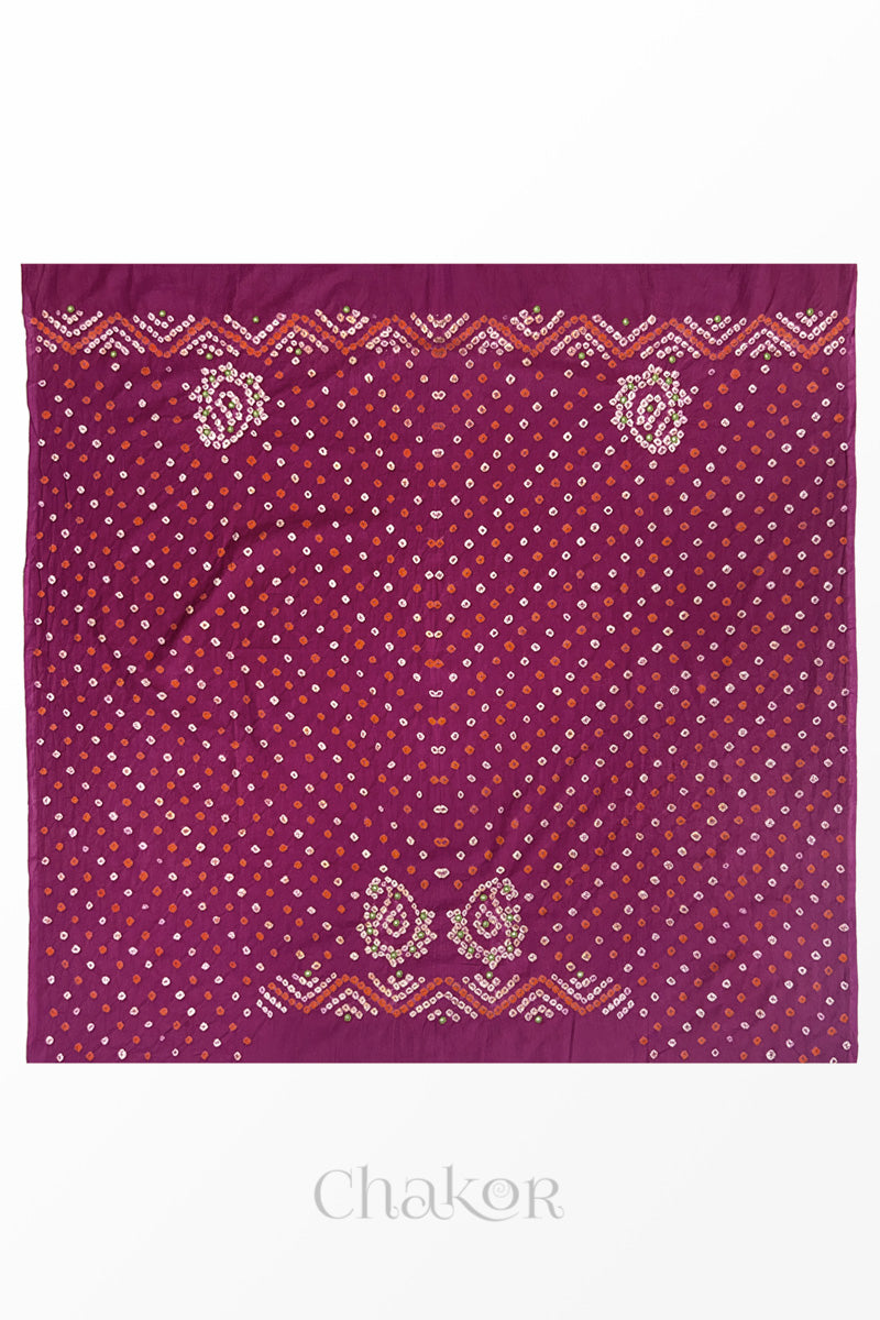 Full 1-metre layout Magenta Kutch Bandhani cotton blouse fabric showing traditional hand tie-dye pattern.
