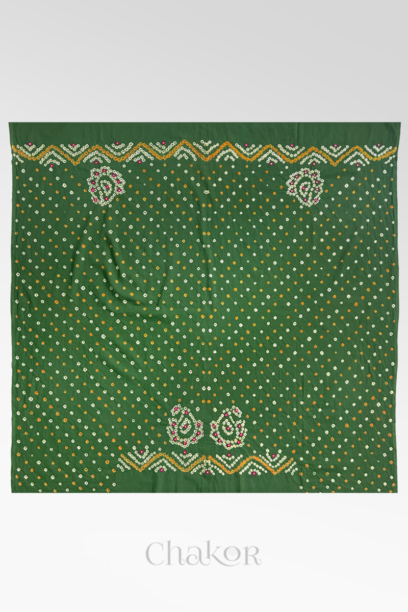 Full 1-metre layout Mehendi Green Kutch Bandhani cotton blouse fabric showing traditional hand tie-dye pattern.
