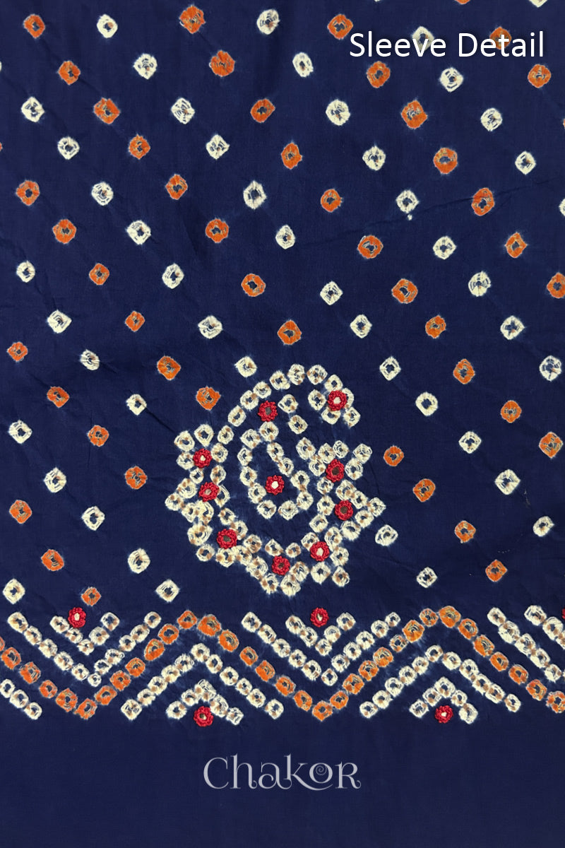 Navy Kutch Bandhani cotton fabric with white tie-dye dots and Keri motif detail for sleeves.
