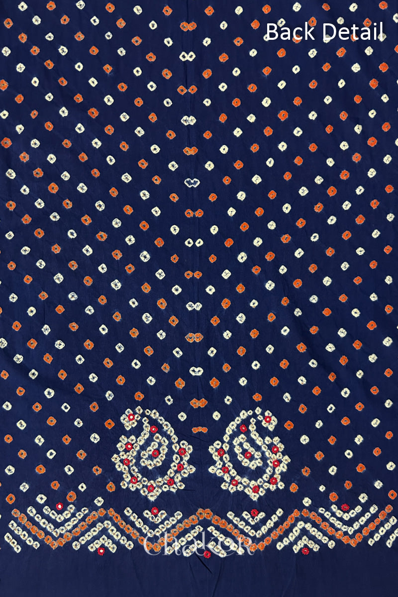 Close-up of Navy Kutch Bandhani fabric with white dotted pattern and Keri motifs for back.
