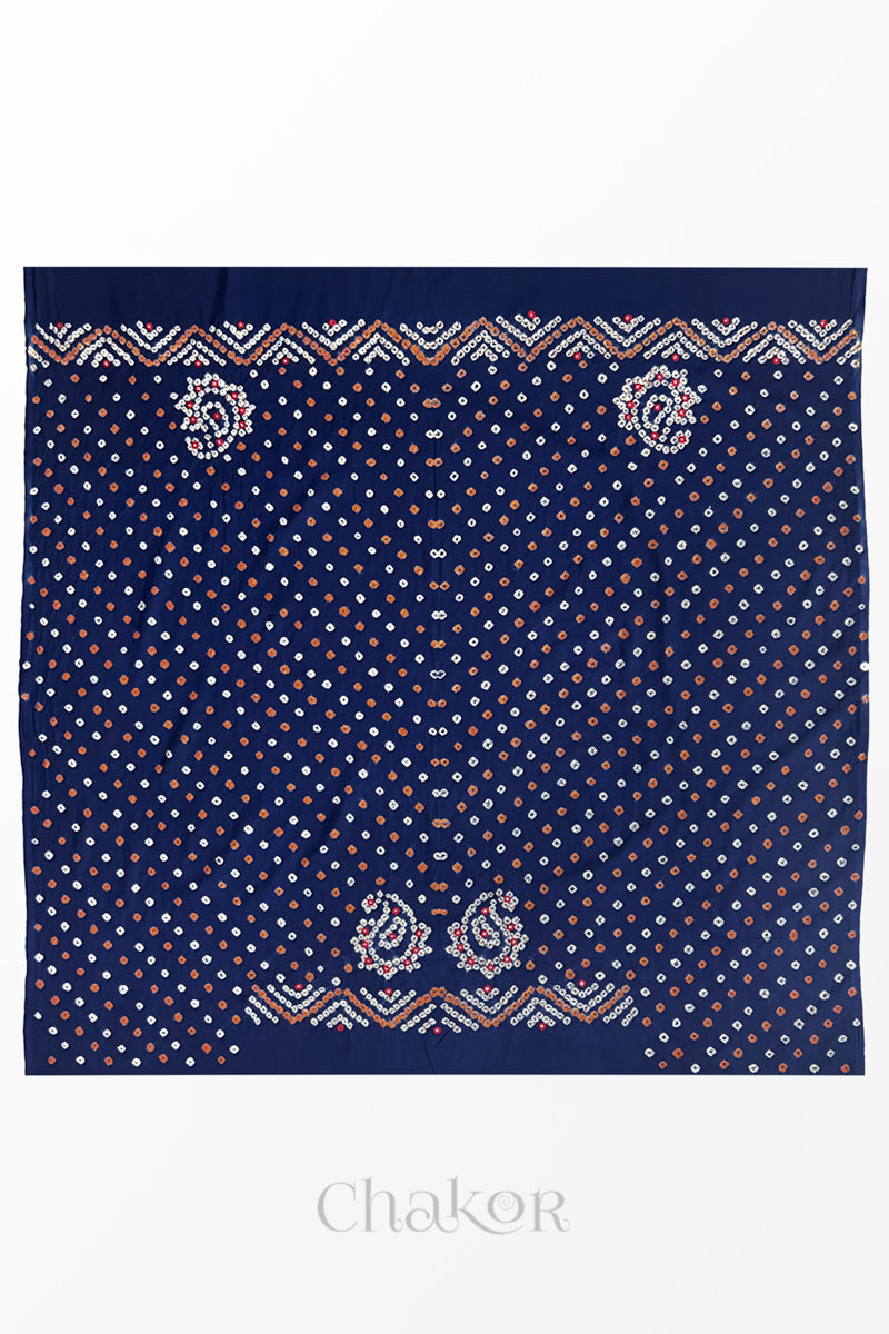 Full 1-metre layout Navy Kutch Bandhani cotton blouse fabric showing traditional hand tie-dye pattern.

