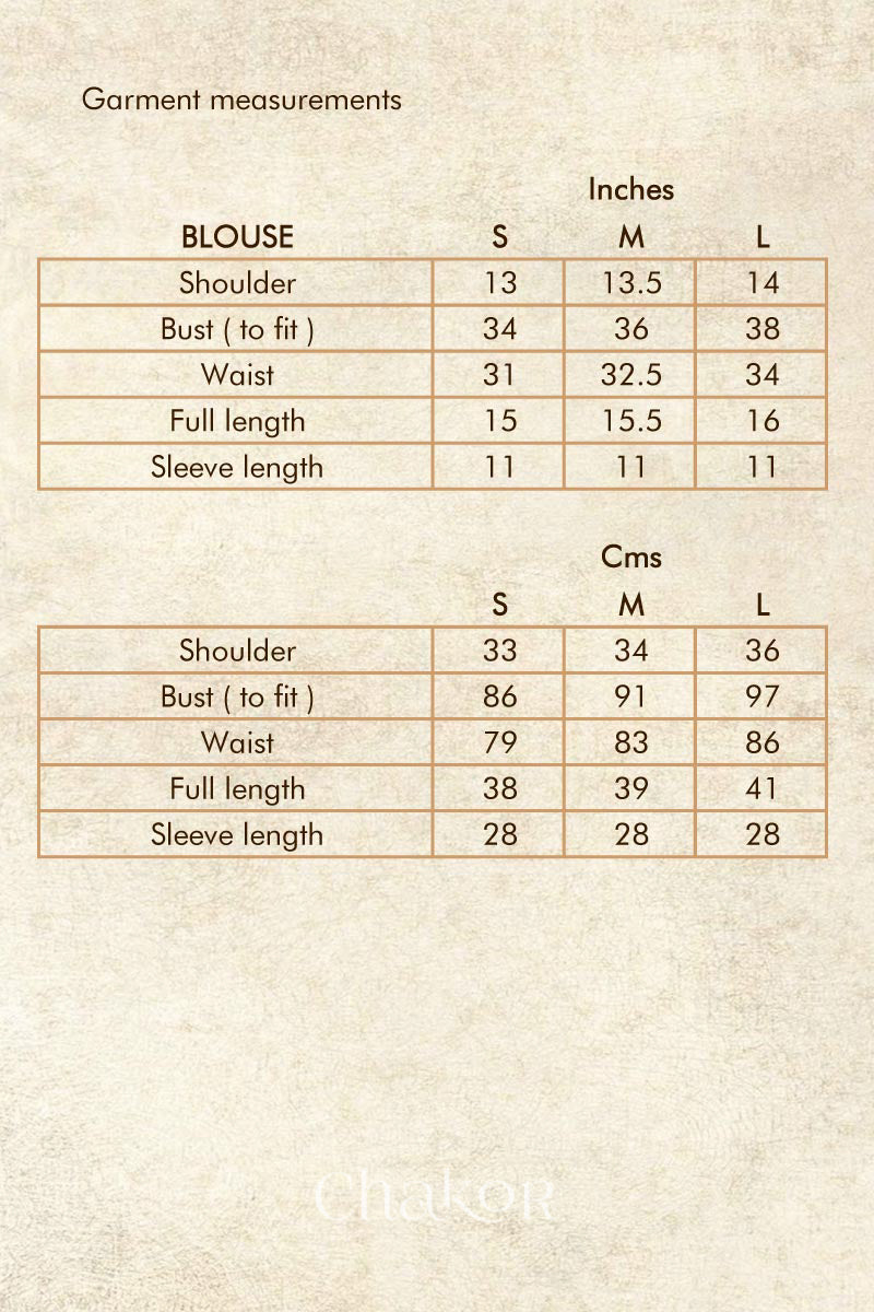 Size chart - handcrafted magenta bandhani cotton blouse in traditional patterns with mirror embroidery.
