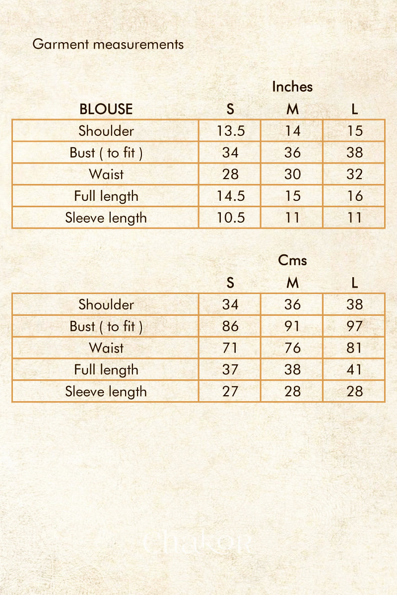 Size chart - handcrafted Silver Tan Mashru Silk Blouse with intricate mirror embroidery.