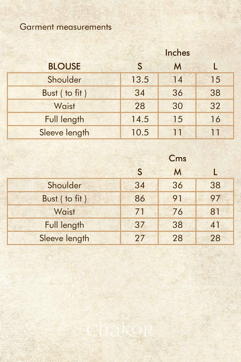 Size chart - handcrafted purple Mashru Silk Blouse with mukaish embroidery.