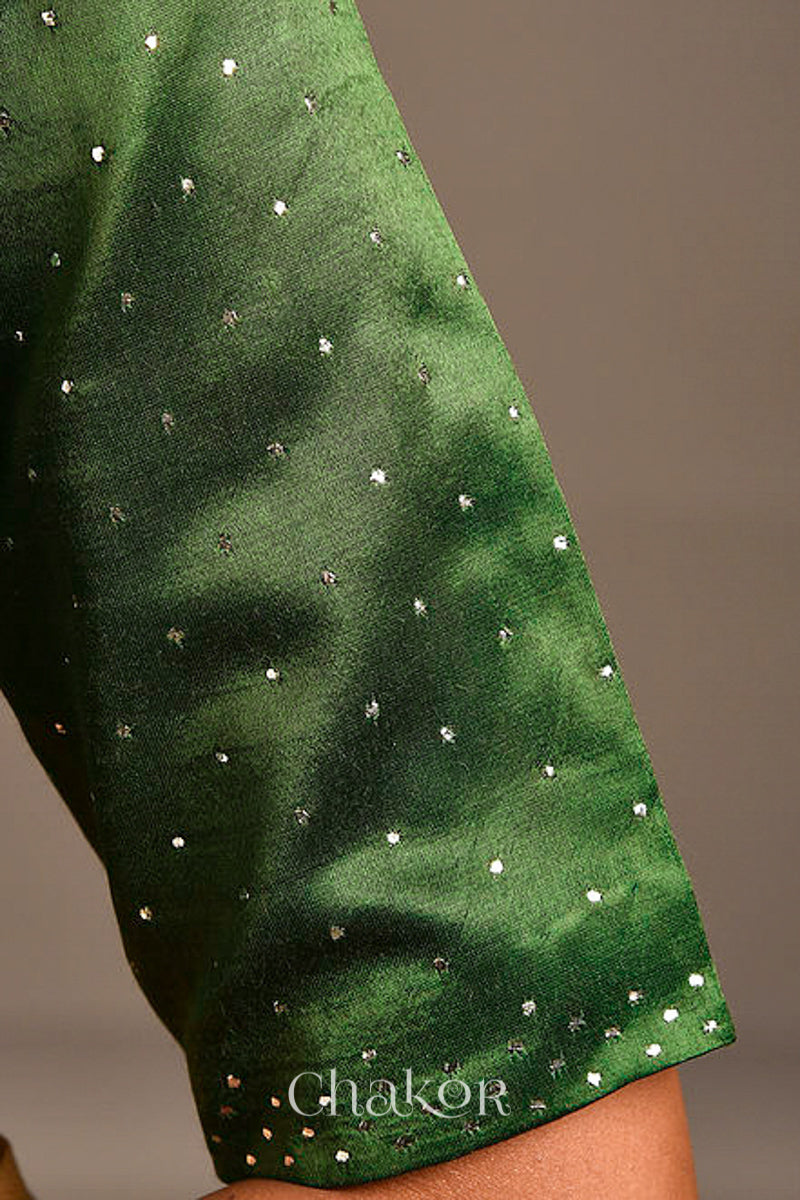 Woman wearing a handcrafted green Mashru Silk Blouse with mukaish embroidery.