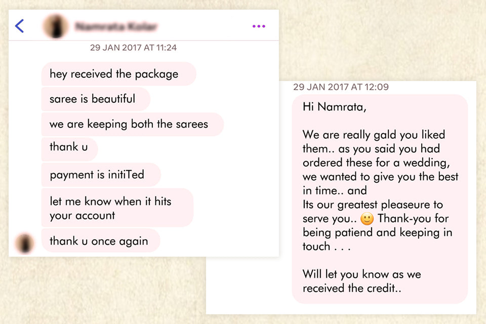 Social proof - Text conversation between client and brand on a beige background.