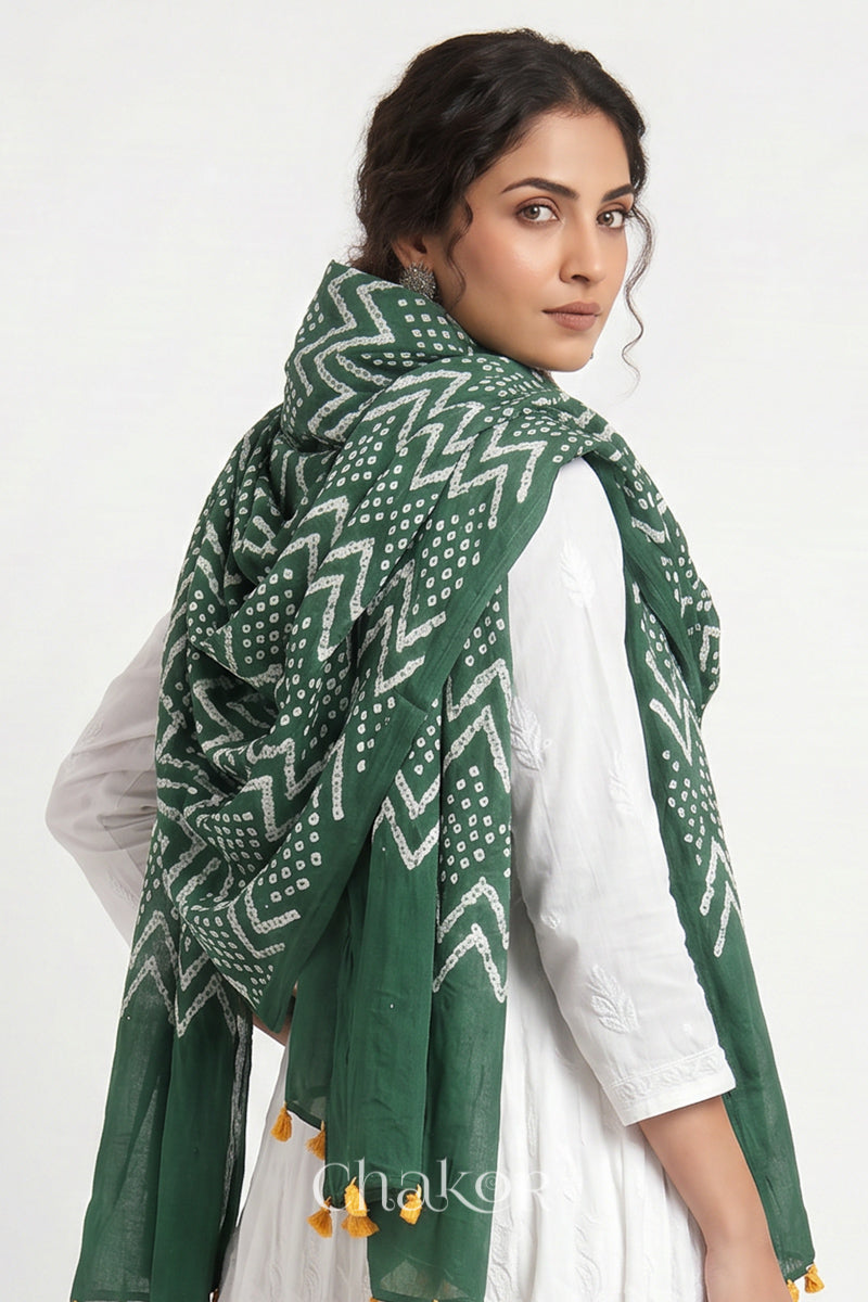 Hand tied Moss green Kutch Bandhani dupatta with mukaish embroidery in pure mercerised mulmul cotton worn by model.
