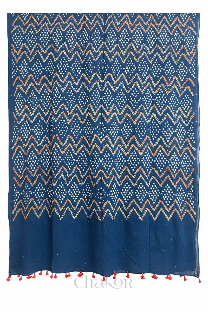 Full view of Indigo Blue Kutch Bandhani dupatta with mukaish embroidery in pure mercerised mulmul cotton.
