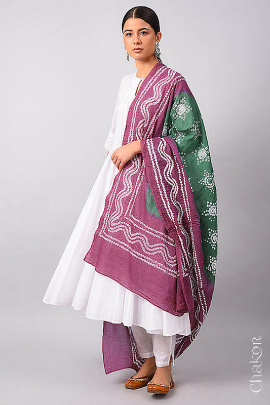 Moss green Plum Bandhani Mul Cotton Dupatta