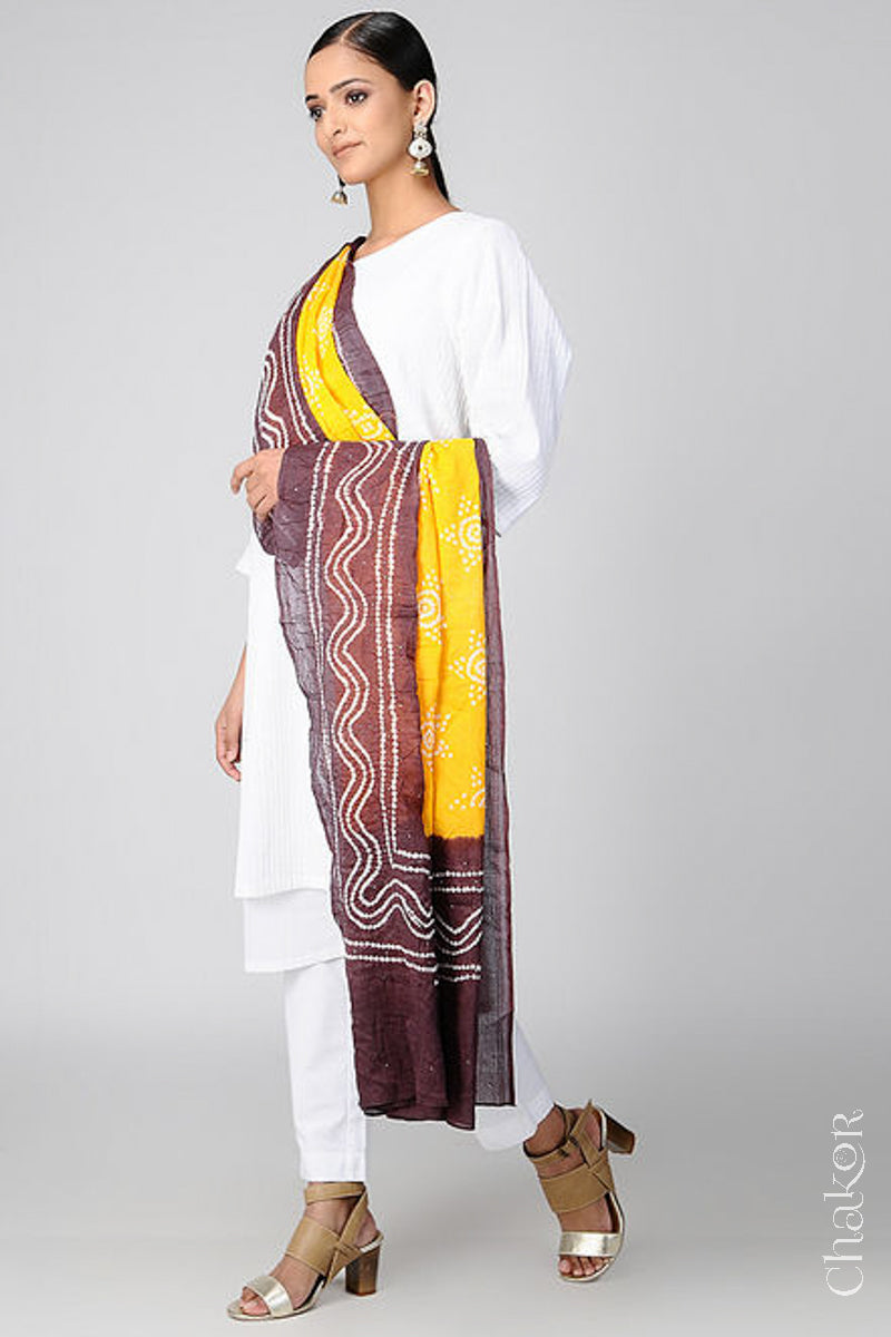 Yellow Brown Bandhani Mul Cotton Dupatta