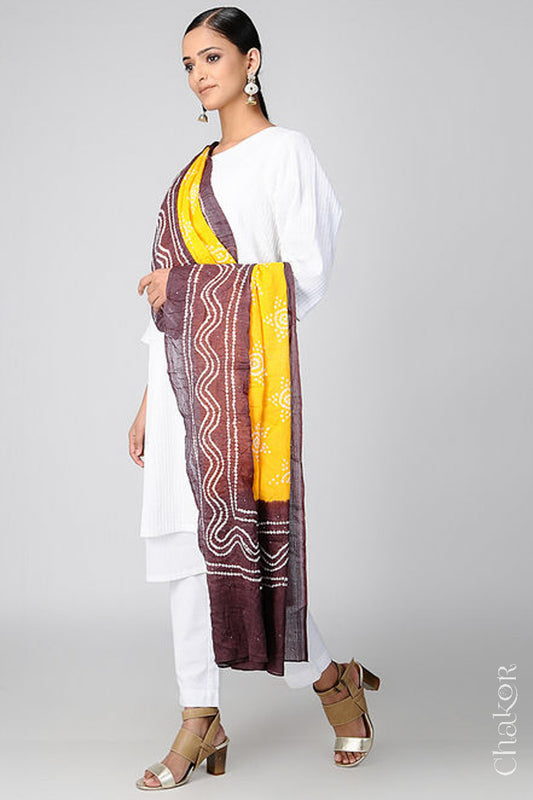 Yellow Brown Bandhani Mul Cotton Dupatta