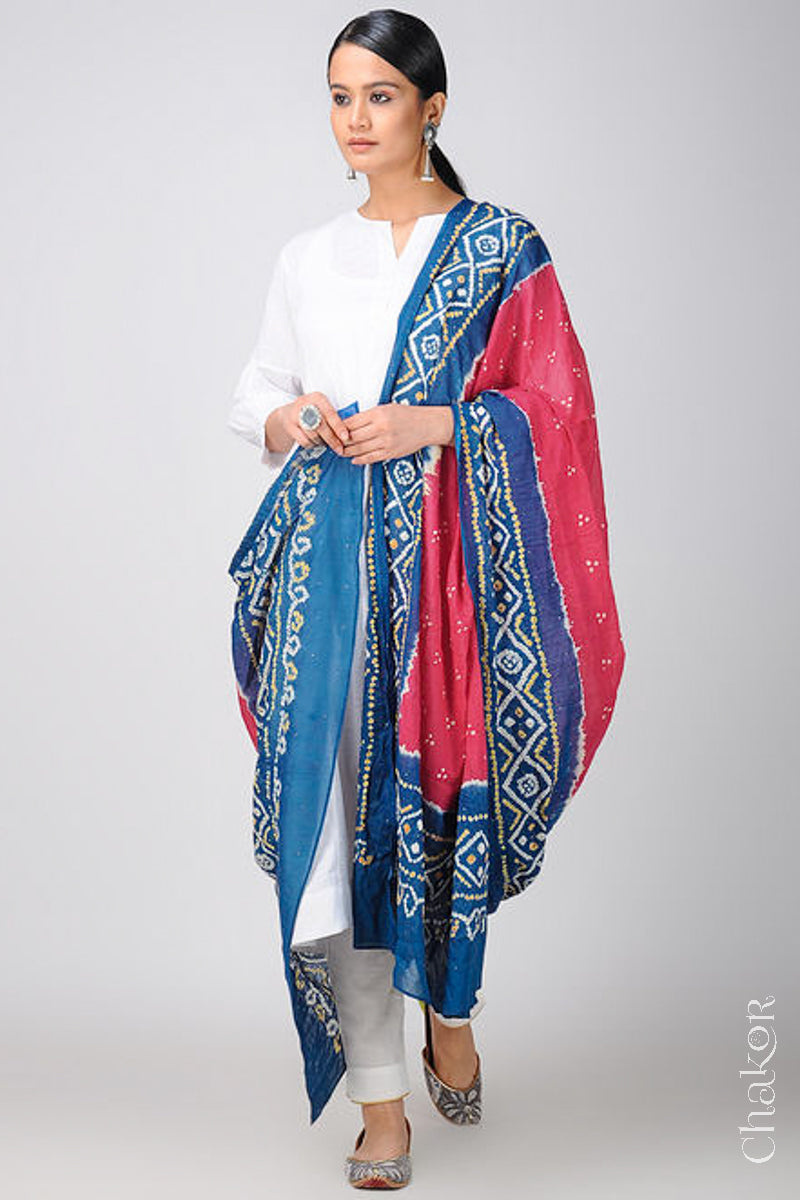 Strawberry Indigo Bandhani Mul Cotton Dupatta