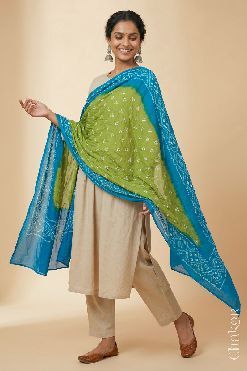 Lime Turquoise Bandhani Mul Cotton Dupatta | Kutch Tie-Dye