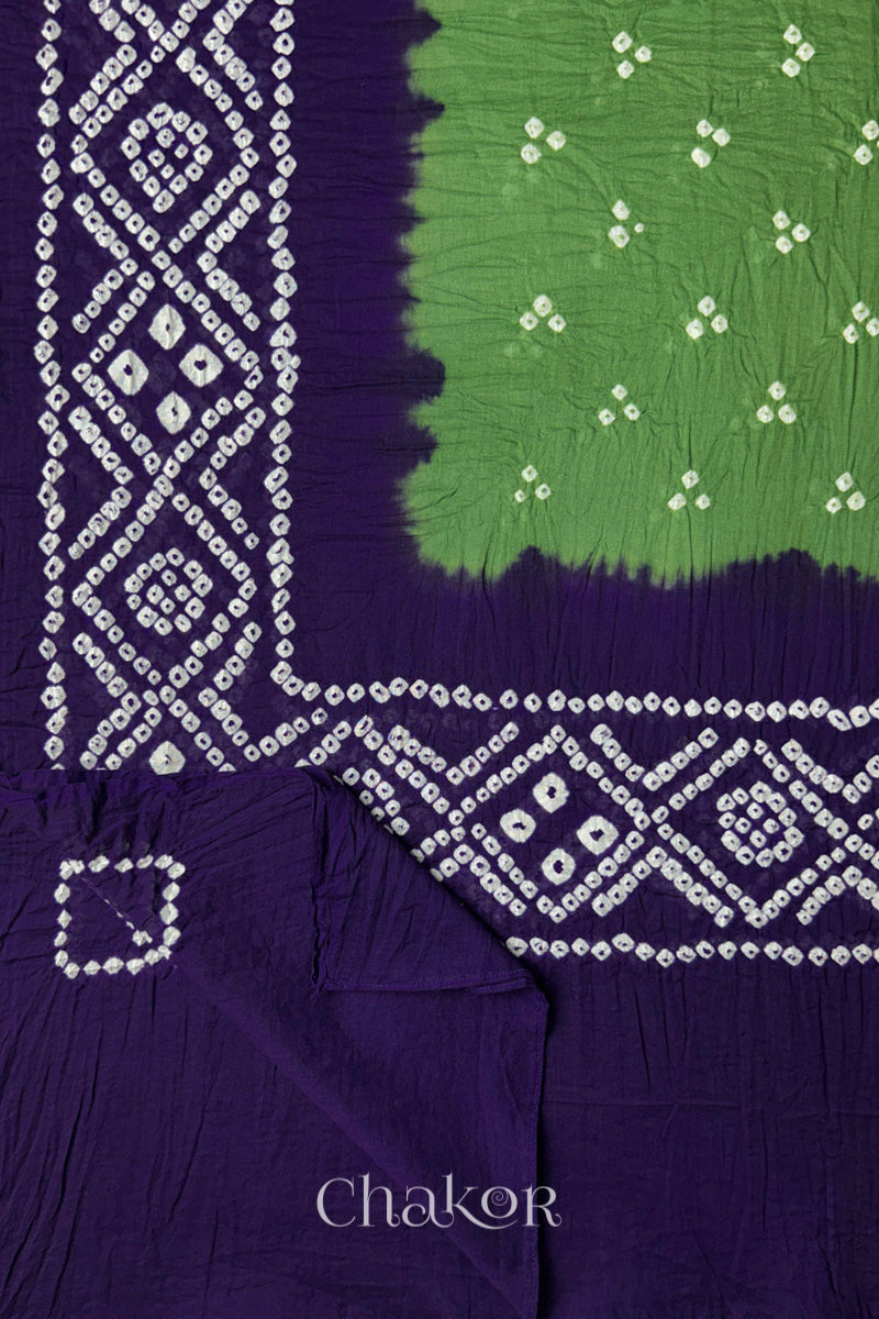 Green Purple Bandhani Mul Cotton Dupatta | Kutch Tie-Dye
