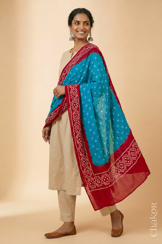 Turquoise Red Bandhani Mul Cotton Dupatta | Kutch Tie-Dye