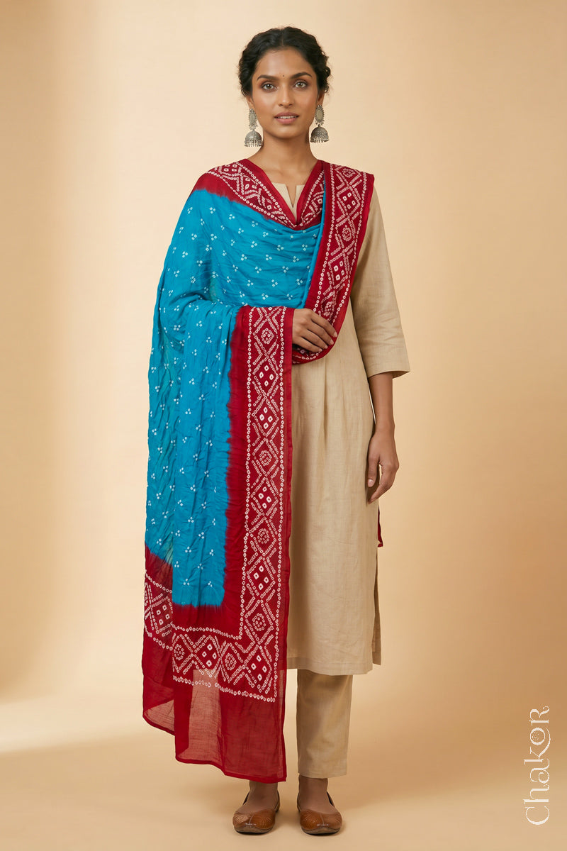 Turquoise Red Bandhani Mul Cotton Dupatta | Kutch Tie-Dye