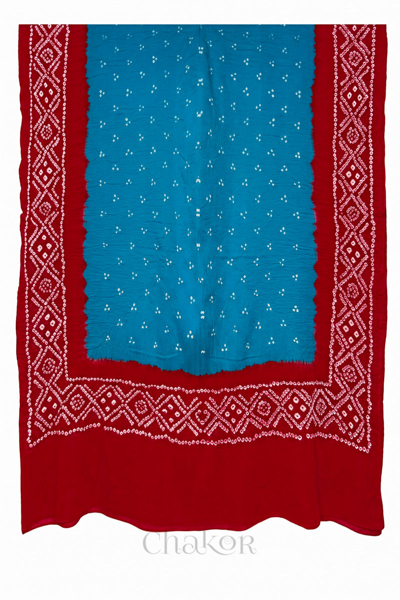 Turquoise Red Bandhani Mul Cotton Dupatta | Kutch Tie-Dye