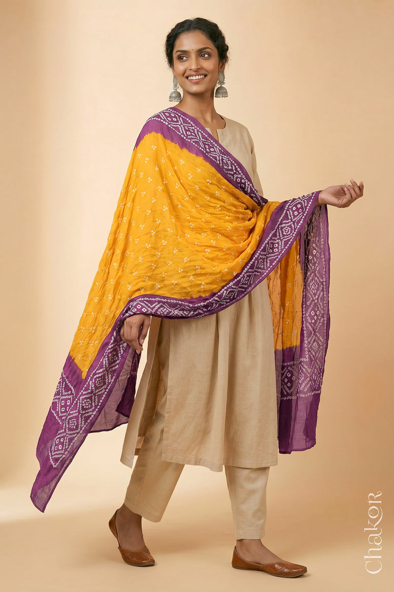 Yellow Mauve Bandhani Mul Cotton Dupatta | Kutch Tie-Dye