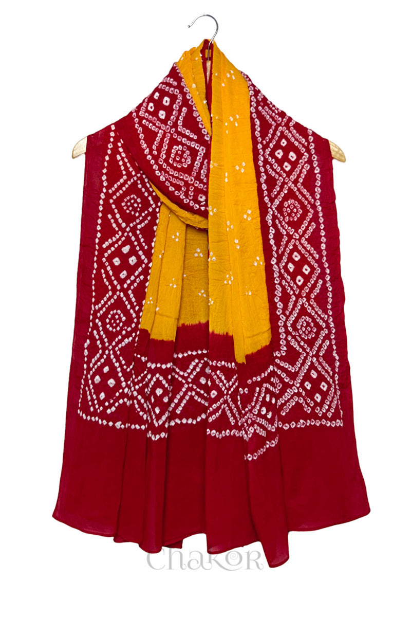 Yellow Red Bandhani Mul Cotton Dupatta | Kutch Tie-Dye