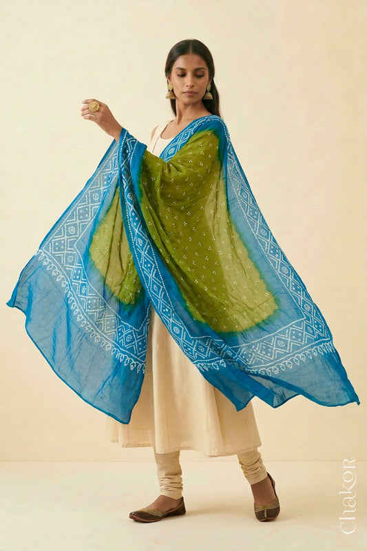 Lime Green Turquoise Bandhani Mul Cotton Dupatta | Kutch Tie-Dye