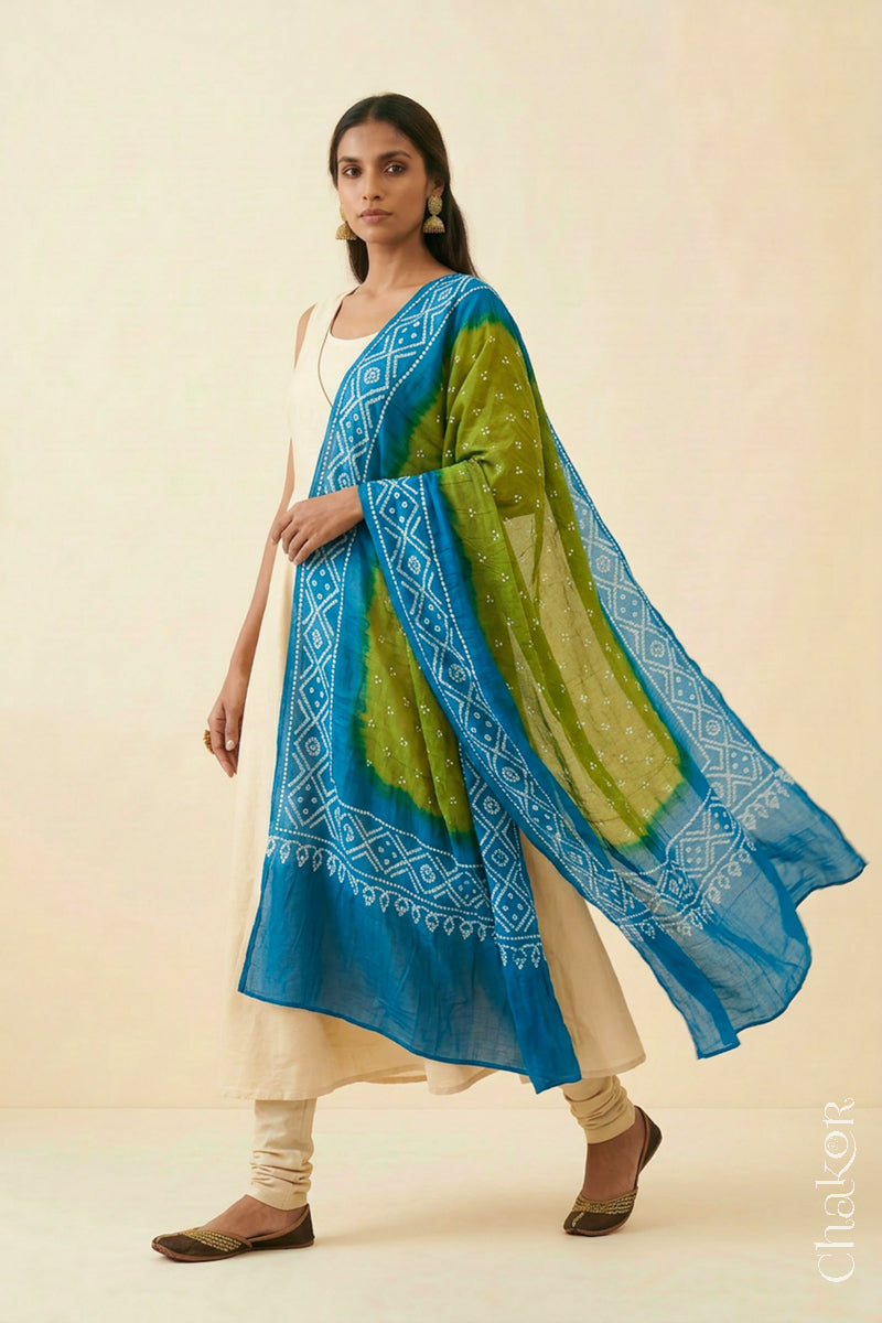 Lime Green Turquoise Bandhani Mul Cotton Dupatta | Kutch Tie-Dye