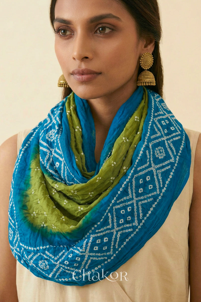 Lime Green Turquoise Bandhani Mul Cotton Dupatta | Kutch Tie-Dye