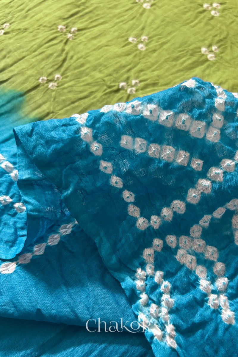 Lime Green Turquoise Bandhani Mul Cotton Dupatta | Kutch Tie-Dye