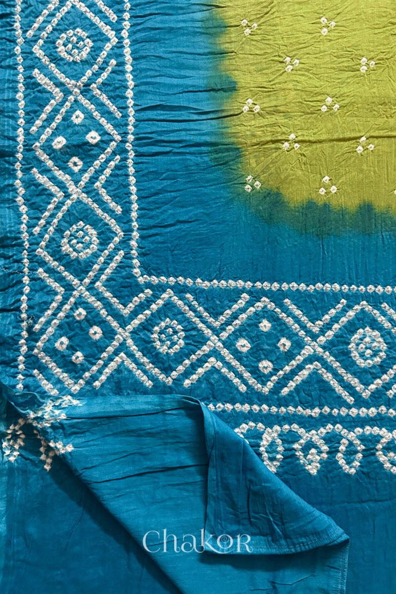 Lime Green Turquoise Bandhani Mul Cotton Dupatta | Kutch Tie-Dye