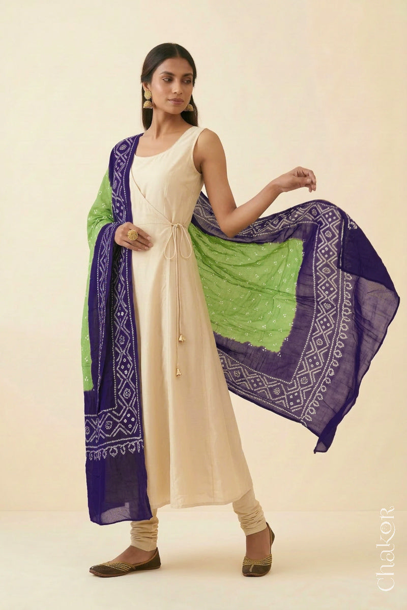 Mehendi Green Purple Bandhani Mul Cotton Dupatta | Kutch Tie-Dye