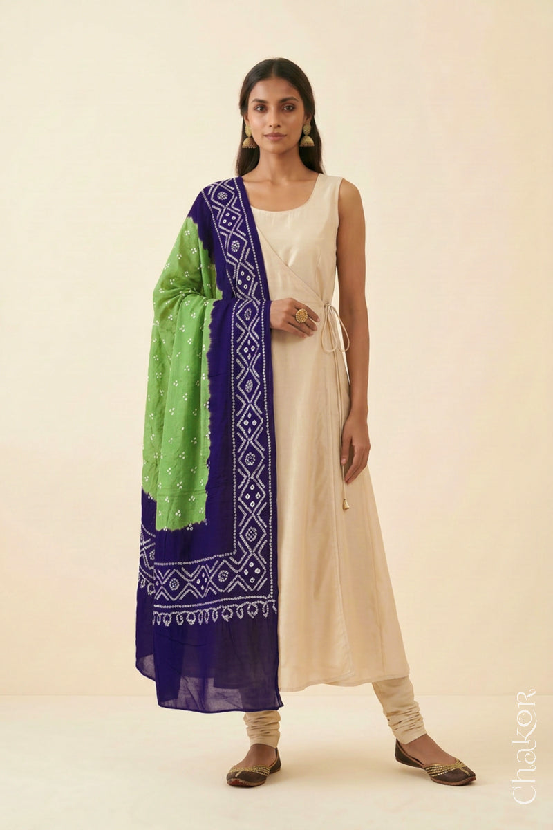Mehendi Green Purple Bandhani Mul Cotton Dupatta | Kutch Tie-Dye