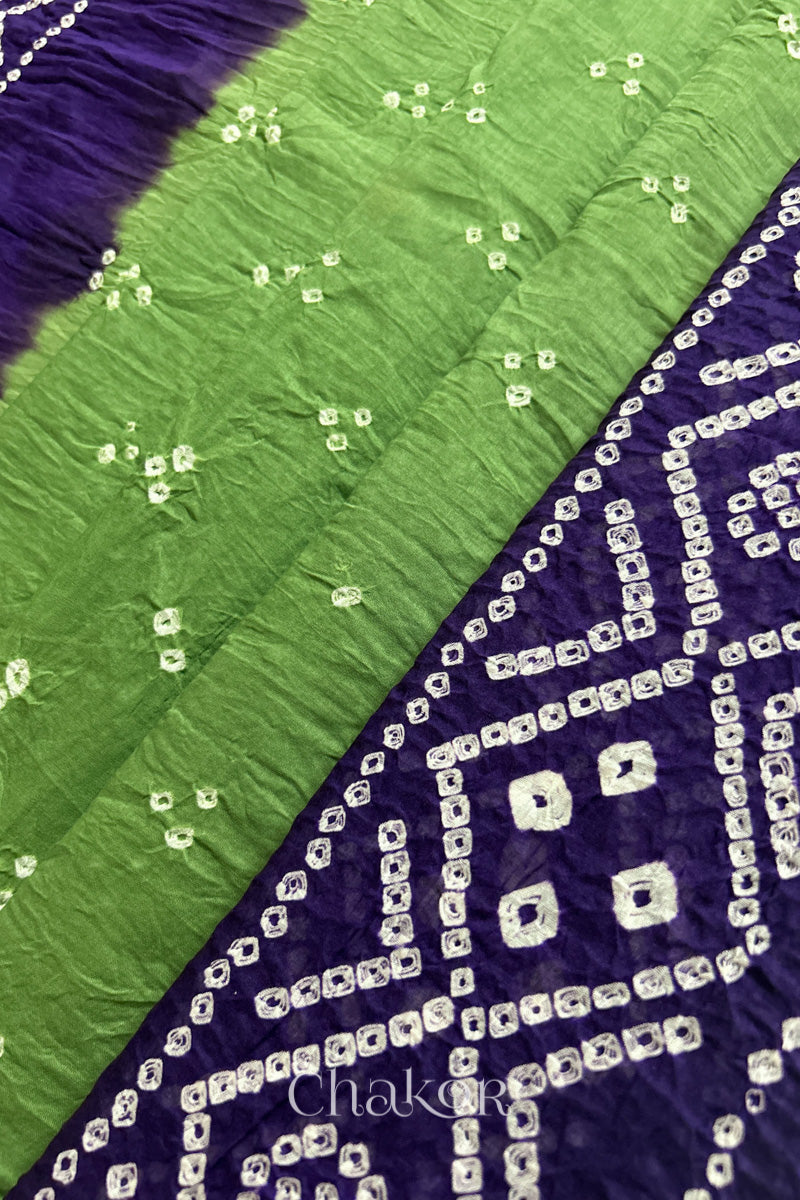 Mehendi Green Purple Bandhani Mul Cotton Dupatta | Kutch Tie-Dye