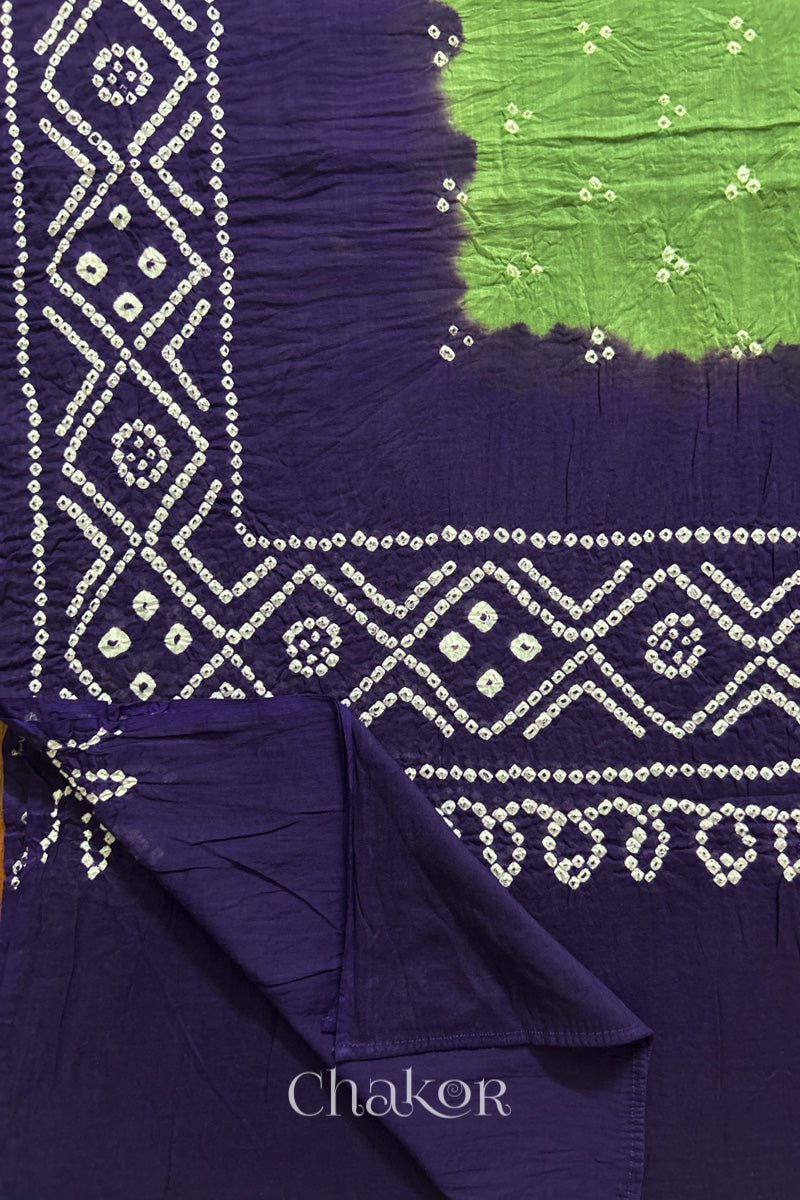 Mehendi Green Purple Bandhani Mul Cotton Dupatta | Kutch Tie-Dye