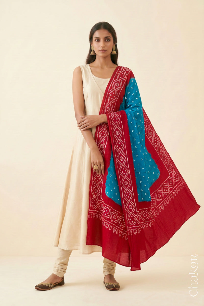 Turquoise Red Bandhani Mul Cotton Dupatta | Kutch Tie-Dye