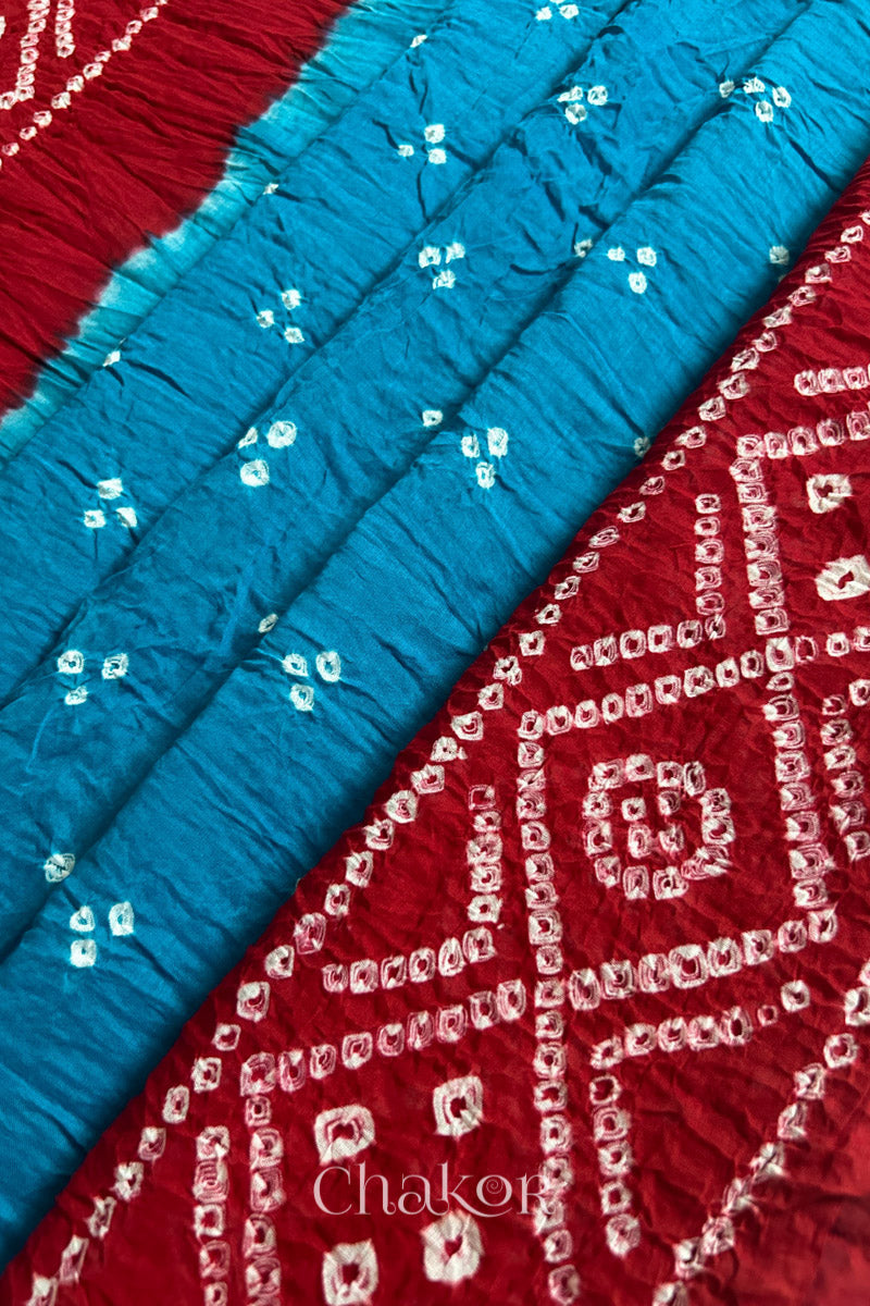 Turquoise Red Bandhani Mul Cotton Dupatta | Kutch Tie-Dye