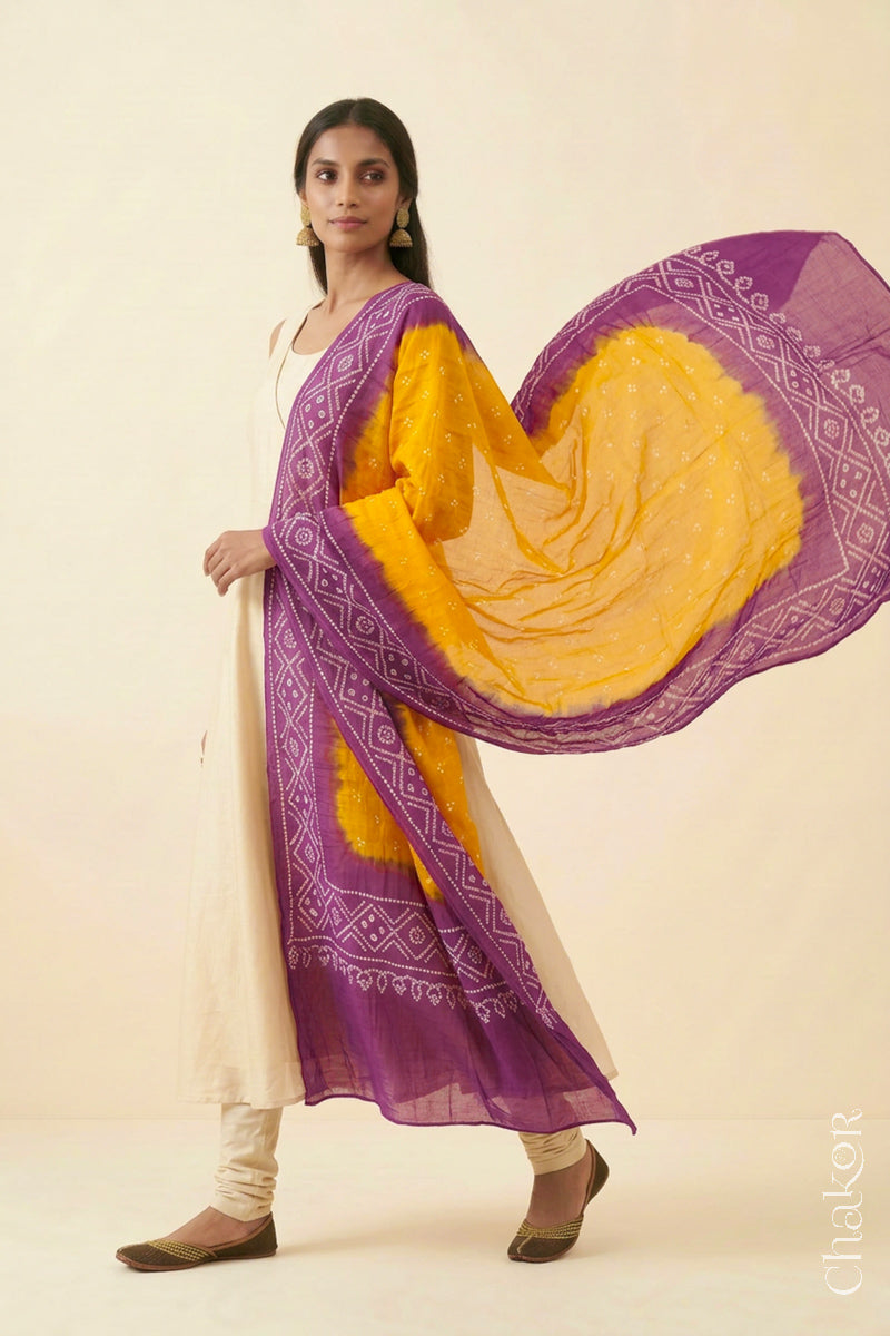 Yellow Mauve Bandhani Mul Cotton Dupatta | Kutch Tie-Dye