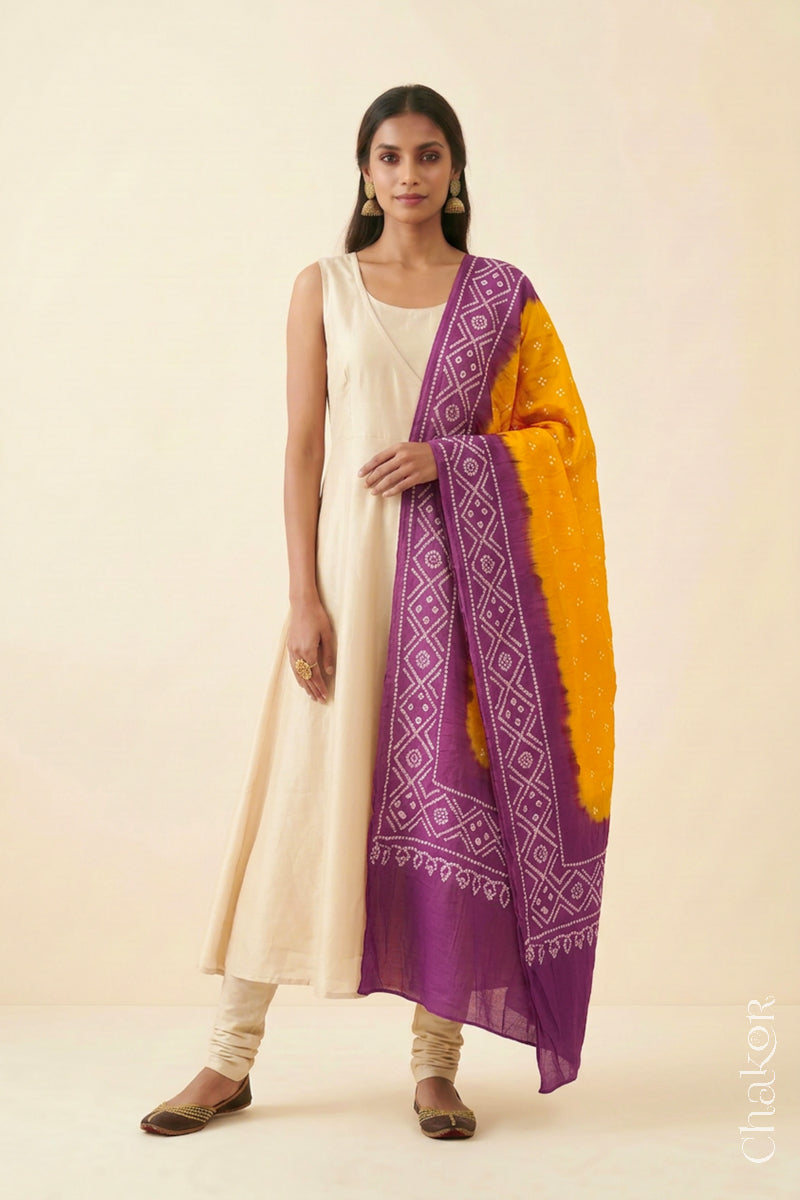 Yellow Mauve Bandhani Mul Cotton Dupatta | Kutch Tie-Dye