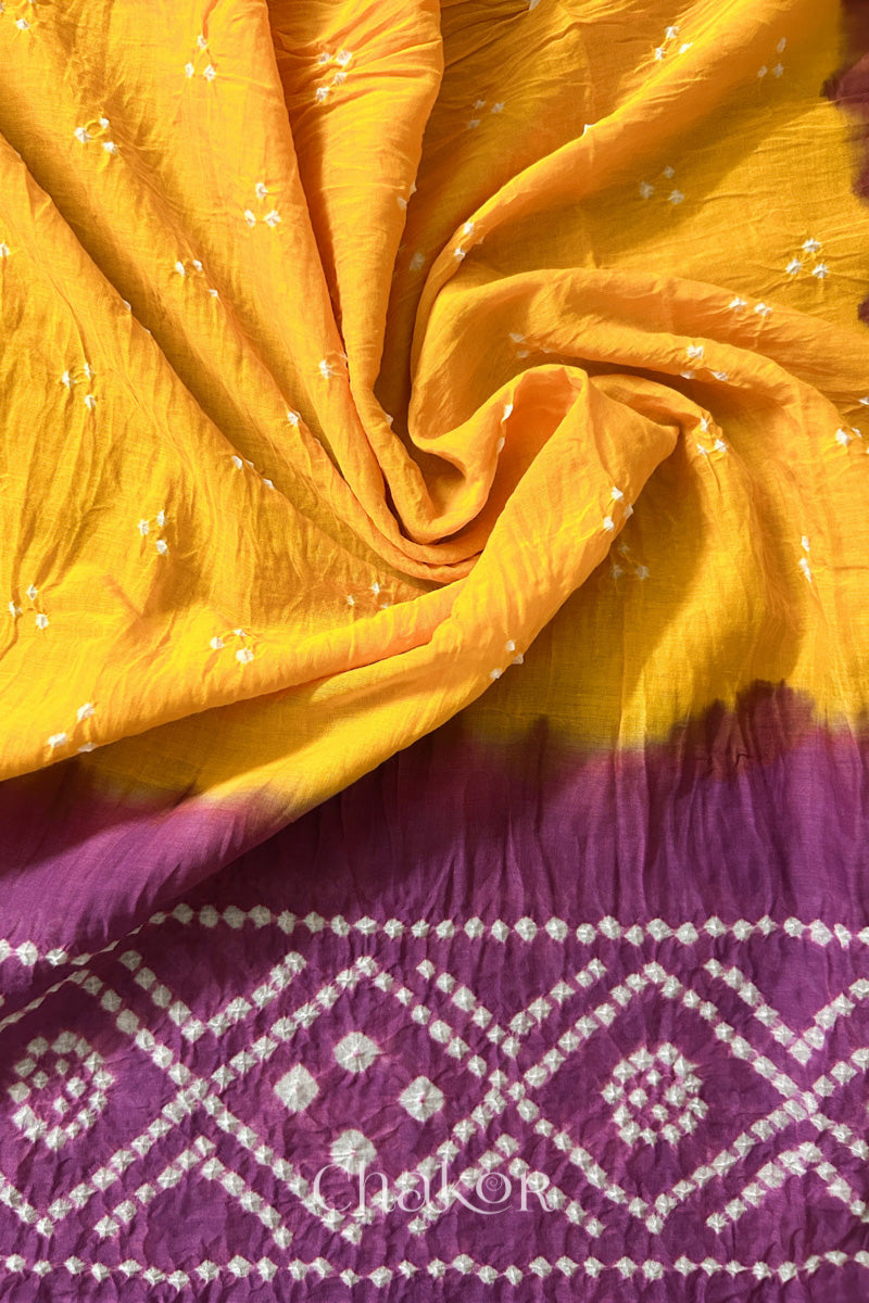Yellow Mauve Bandhani Mul Cotton Dupatta | Kutch Tie-Dye