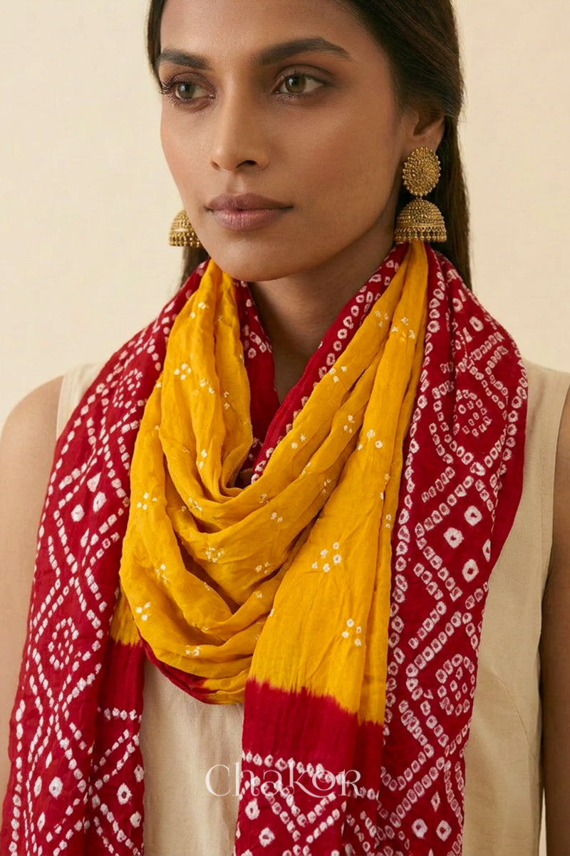 Yellow Red Bandhani Mul Cotton Dupatta | Kutch Tie-Dye