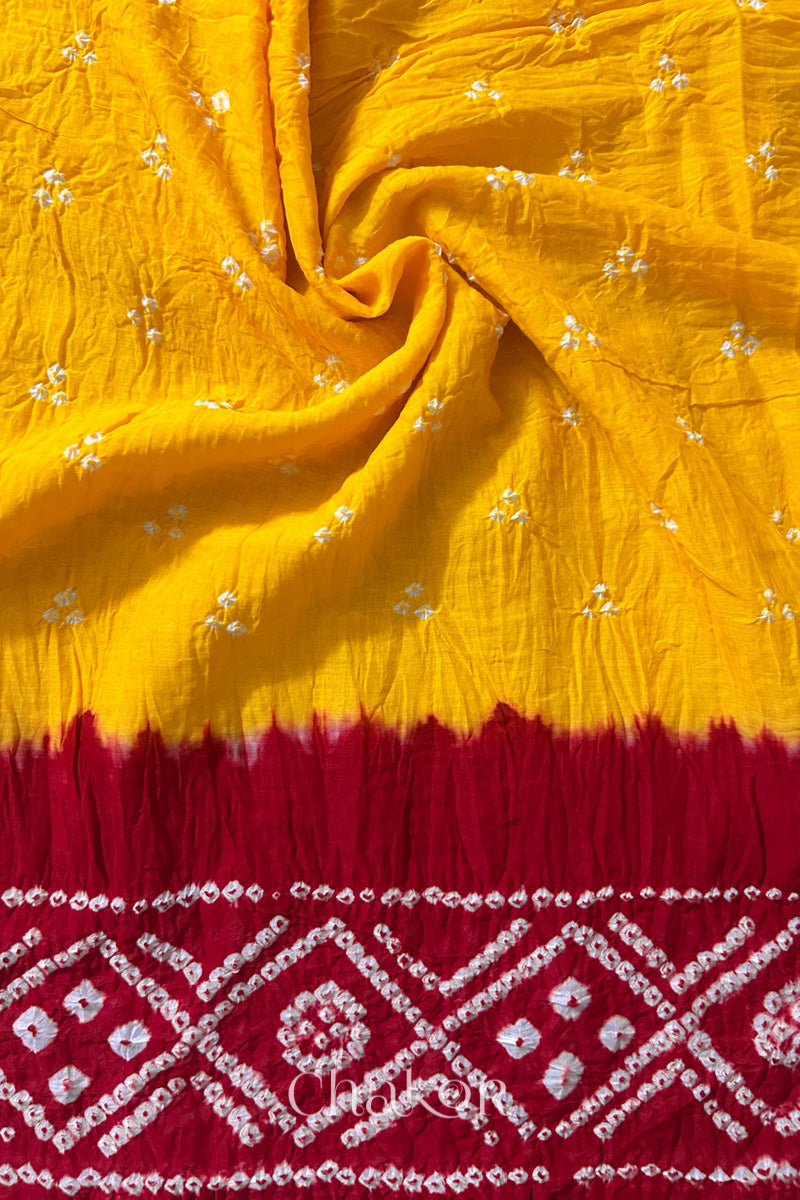 Yellow Red Bandhani Mul Cotton Dupatta | Kutch Tie-Dye