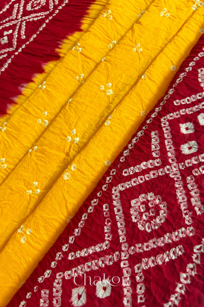 Yellow Red Bandhani Mul Cotton Dupatta | Kutch Tie-Dye