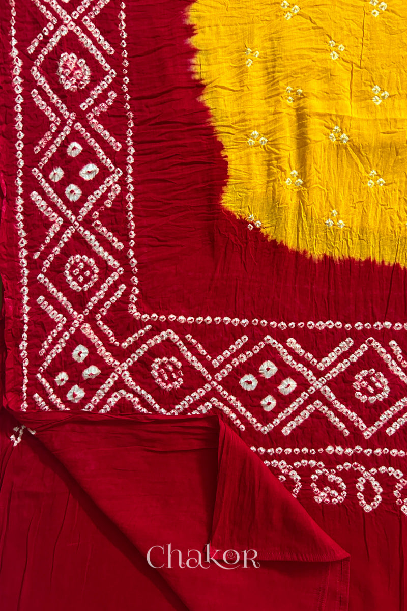 Yellow Red Bandhani Mul Cotton Dupatta | Kutch Tie-Dye