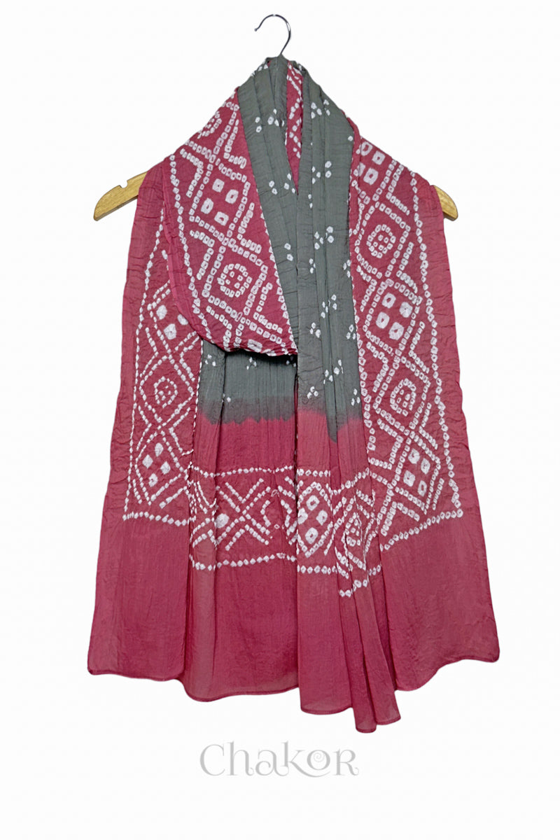 Cement Grey & Rose Pink Bandhani Mul Cotton Dupatta in Traditional Design for Women's clothing online. by Chakor.