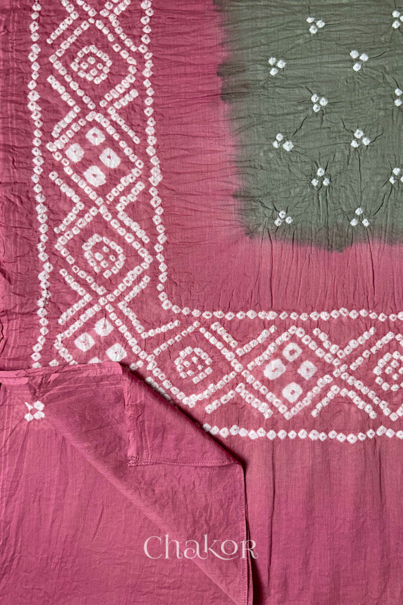 Cement Grey & Rose Pink Bandhani Mul Cotton Dupatta in Traditional Design for Women's clothing online by Chakor.