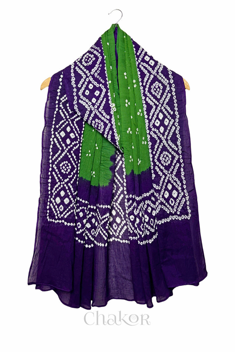 Mehendi Green Purple Bandhani Mul Cotton Dupatta in Traditional Design for Women's clothing online by Chakor.