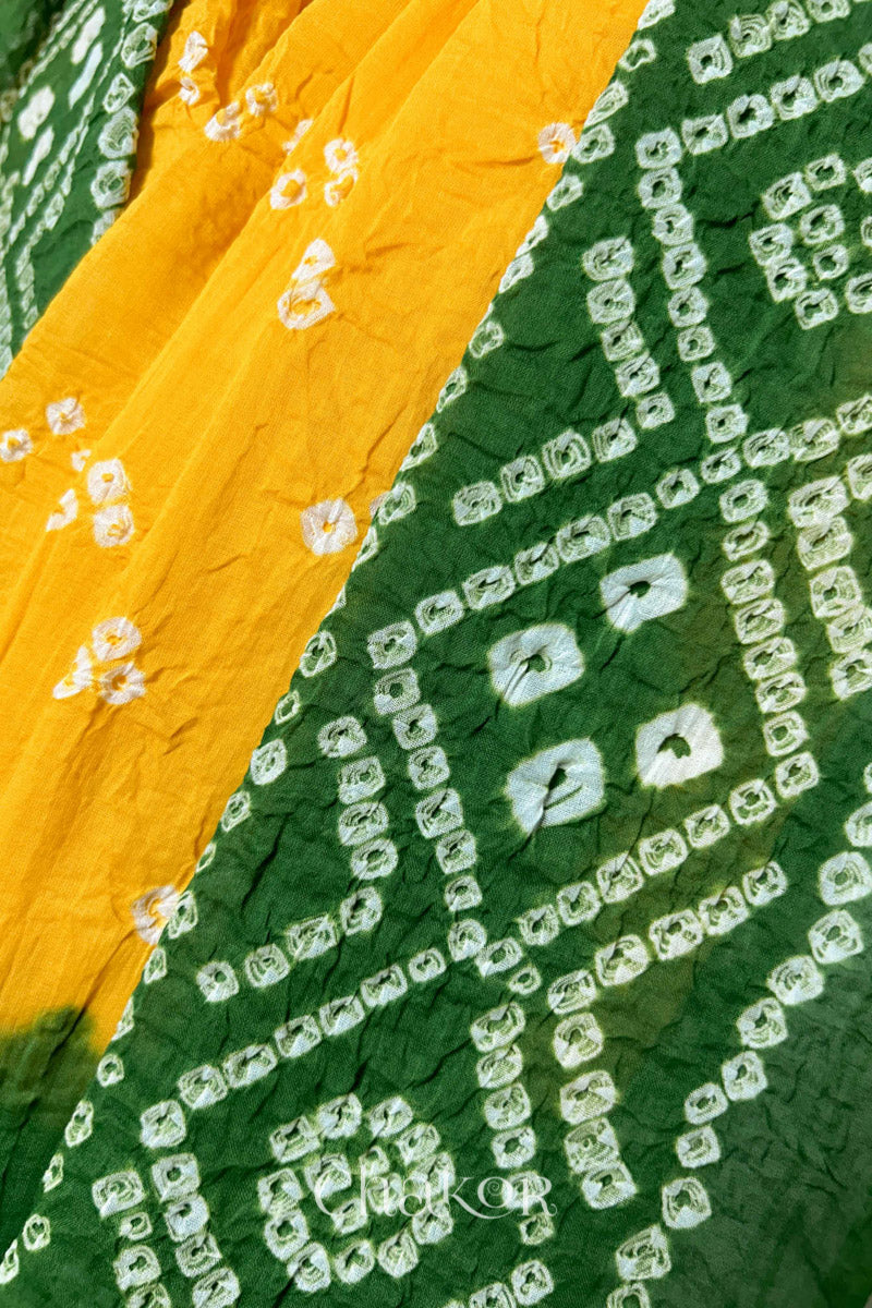 Yellow & Green Bandhani Mul Cotton Dupatta in Traditional Design for Women's clothing online by Chakor.